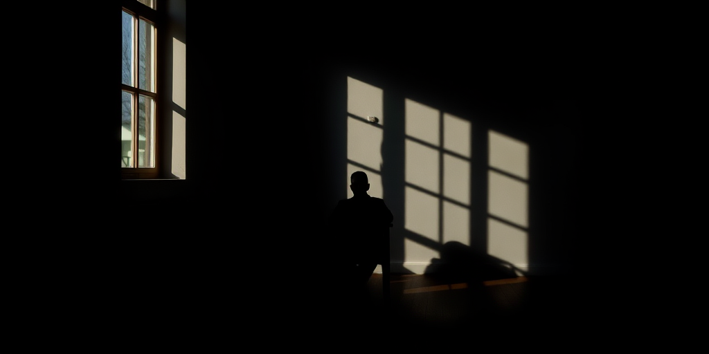 A dimly lit room with a single figure sitting in a chair, shadows casting dramatic patterns, natural light streaming in from a window, soft focus lens, f/1.8 aperture, ISO 200, 35mm lens, DSLR camera, backlighting effect to enhance mood and detail.