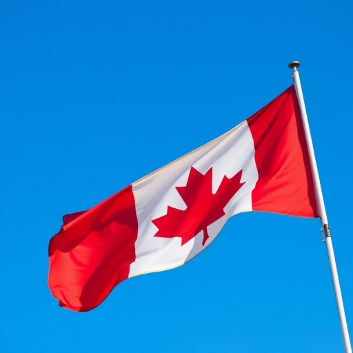Create a high-resolution image of a Canadian flag waving gently in the wind against a clear blue sky, shot with a DSLR camera at f/8 aperture, ISO 100, 1/250 sec shutter speed, using a wide-angle lens from a low angle to emphasize the flag's features and colors.
