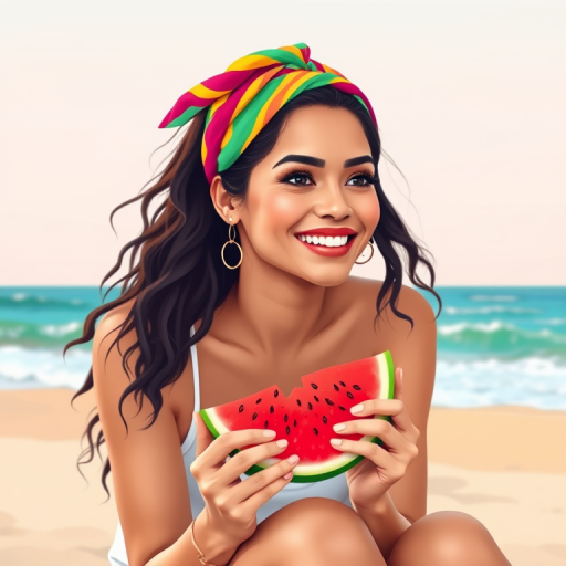 Create an illustration of a smiling woman sitting on the beach holding a slice of watermelon, wearing a colorful headband, with a background of ocean waves and a soft pastel sky, use a bright color palette, high contrast, digital art style, shot with a Canon EOS R5, 50mm lens, aperture f/1.8, ISO 100, natural light.