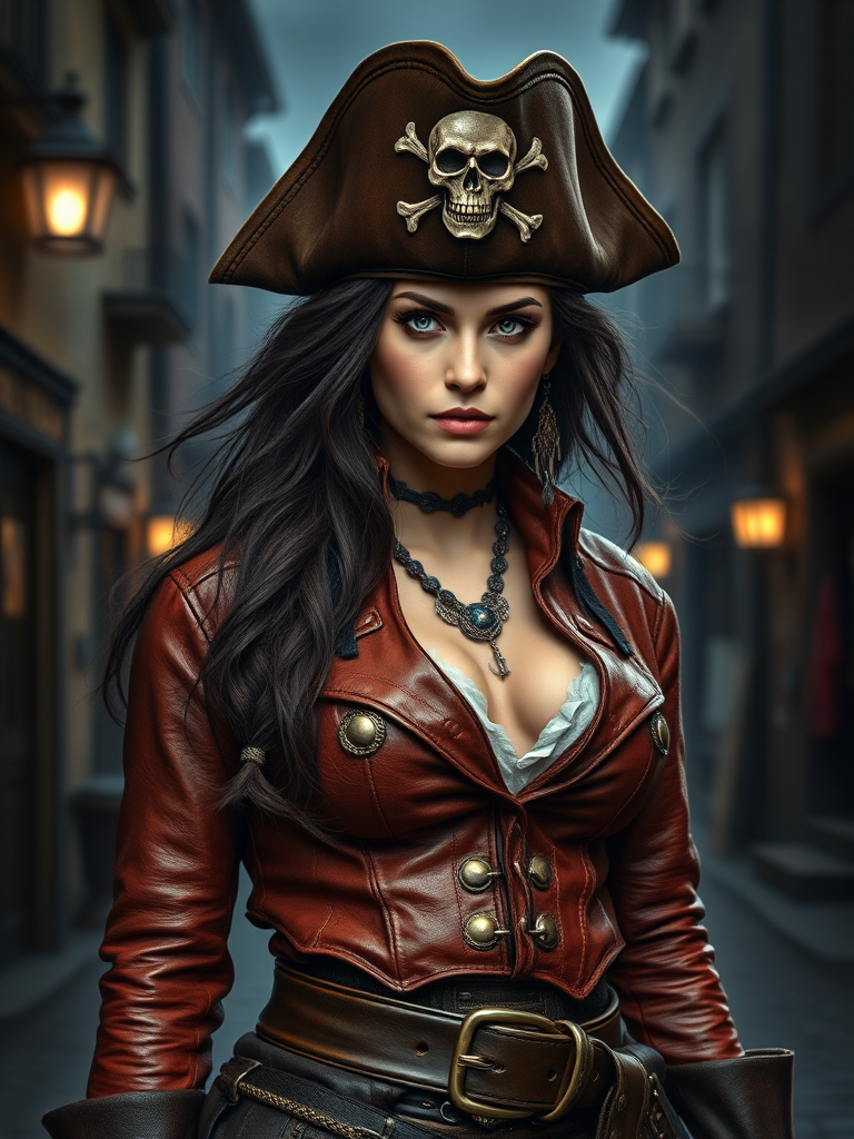 Create a portrait of a fierce female pirate. She wears a leather tricorn hat adorned with a skull and crossbones emblem, and her long, dark hair flows around her face. Her outfit consists of a richly detailed leather jacket, a corset, and multiple layers of belts and accessories, giving her a formidable and stylish appearance. She stands confidently in a dimly lit, historic port town, with a backdrop of weathered buildings and cobblestone streets, capturing the adventurous spirit of a pirate.