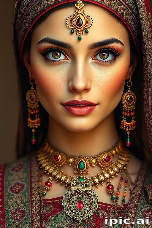 Create a portrait of a beautiful woman with striking hazel eyes and a gentle expression. She is adorned in traditional attire with intricate patterns, including a richly embroidered headscarf and matching garments. Her jewelry includes a delicate headpiece, dangling earrings, and ornate bracelets, all featuring vibrant gemstones and detailed metalwork. The background is soft and warm, enhancing the rich colors of her outfit and jewelry.