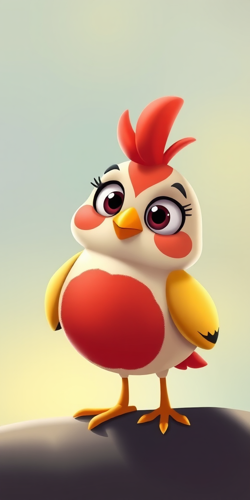 Create a high-resolution digital illustration of a cartoon-style bird with a round body, vibrant red chest, large round eyes, and a cute expression, using a soft-focus lens at f/2.8 for a shallow depth of field, captured at a 50mm focal length on a DSLR camera for enhanced color saturation and clarity, with soft lighting to emphasize the bird's features.