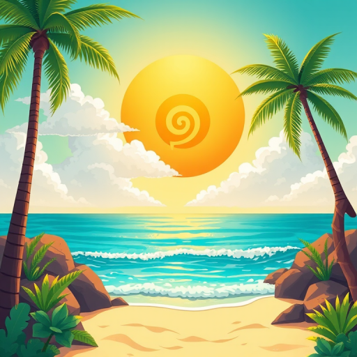 Create a vibrant tropical scenery illustration featuring a palm tree, bright sun with a spiral pattern, fluffy cloud, gentle waves, and a sandy shore, using a Canon EOS R5 with a 24-70mm f/2.8 lens, aperture f/8, shutter speed 1/200 sec, ISO 100, shot from a wide-angle perspective for enhanced depth and clarity.