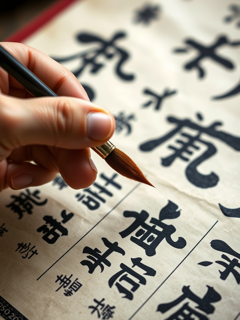 Capture an image of a close-up of a hand holding a calligraphy brush ...