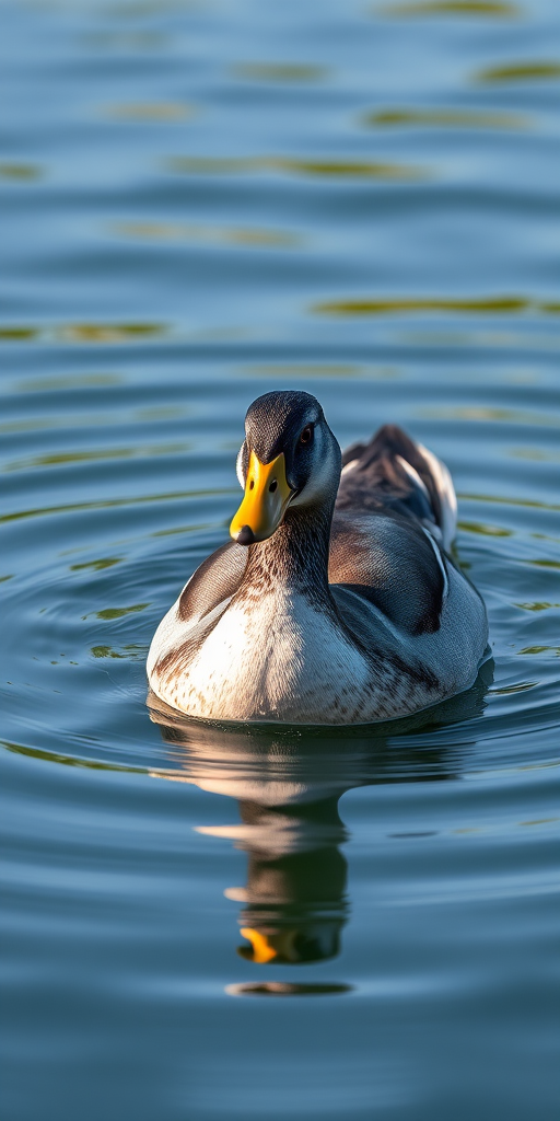 Create a detailed illustration of a duck swimming on a calm water surface, captured with a DSLR camera at f/4 aperture, 1/250s shutter speed, ISO 100, in natural lighting, from a low-angle perspective for enhanced depth and focus.