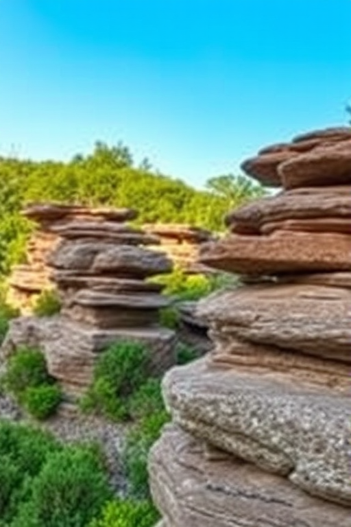Capture a detailed landscape photo of stacked rock formations with lush greenery, using a DSLR camera with a 24mm lens, aperture set to f/11, ISO 200, and a shutter speed of 1/125 sec, from a slightly elevated angle to highlight the layers and textures.