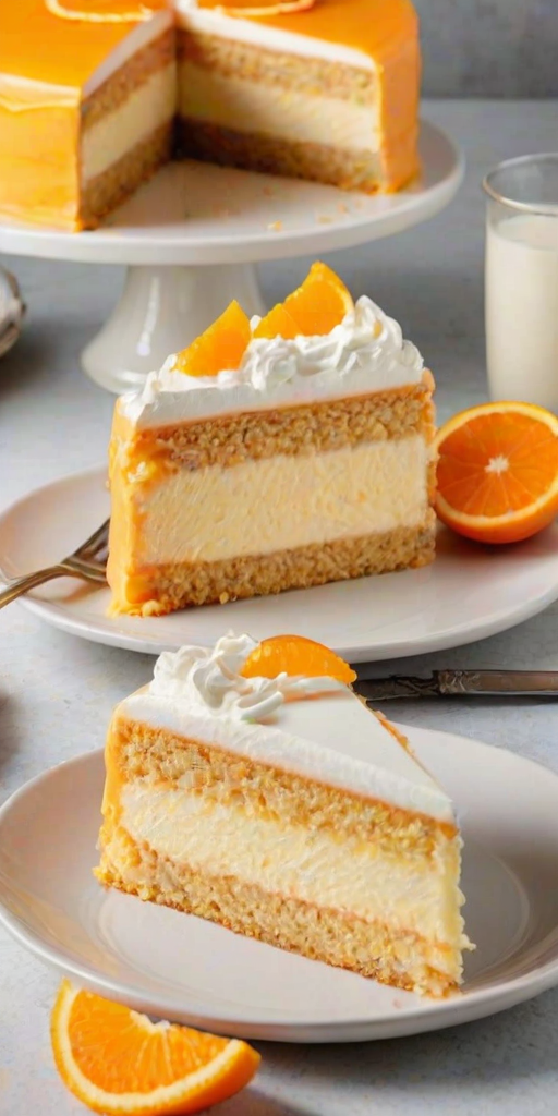 Create an image of a slice of orange mousse cake on a white plate. The cake should have multiple layers, including a creamy orange filling and a glossy orange topping. Decorate the slice with a dollop of whipped cream and a slice of fresh orange on top. The background should be softly blurred, emphasizing the cake.