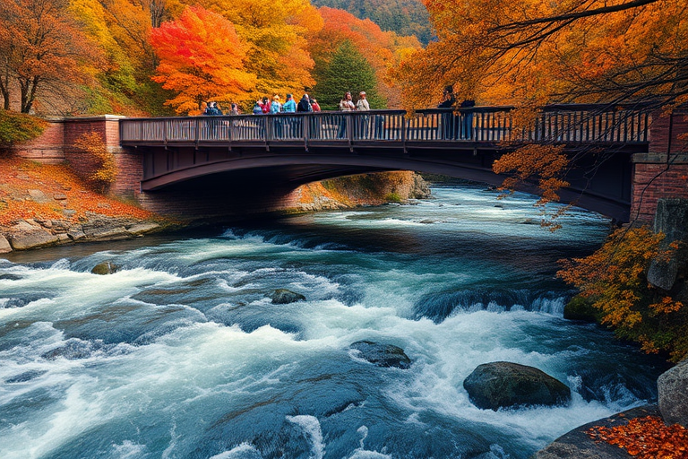 capture a vibrant landscape of a bridge over a rushing river with people walking on it during autumn, use a DSLR camera with a 24mm lens, aperture f/8, shutter speed 1/250s, ISO 200, shot from a low angle to emphasize the flow of water and surrounding foliage