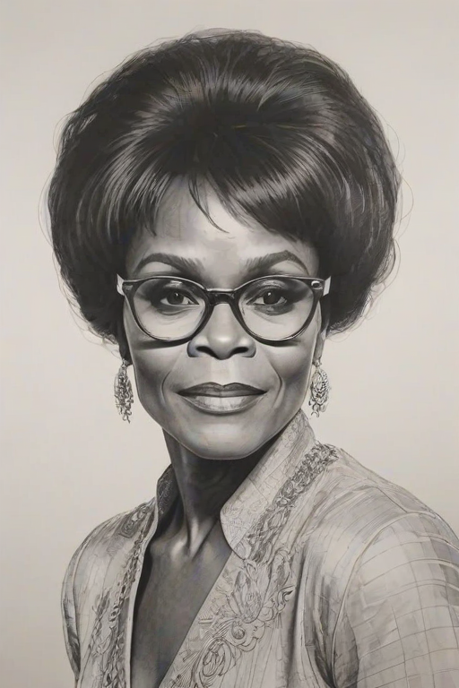 Dazzling Cicely Tyson, pencil sketch, portrait of Alluring woman 1975s in glasses, hair style beatnik, outline, clear lines, fine lines, 8k