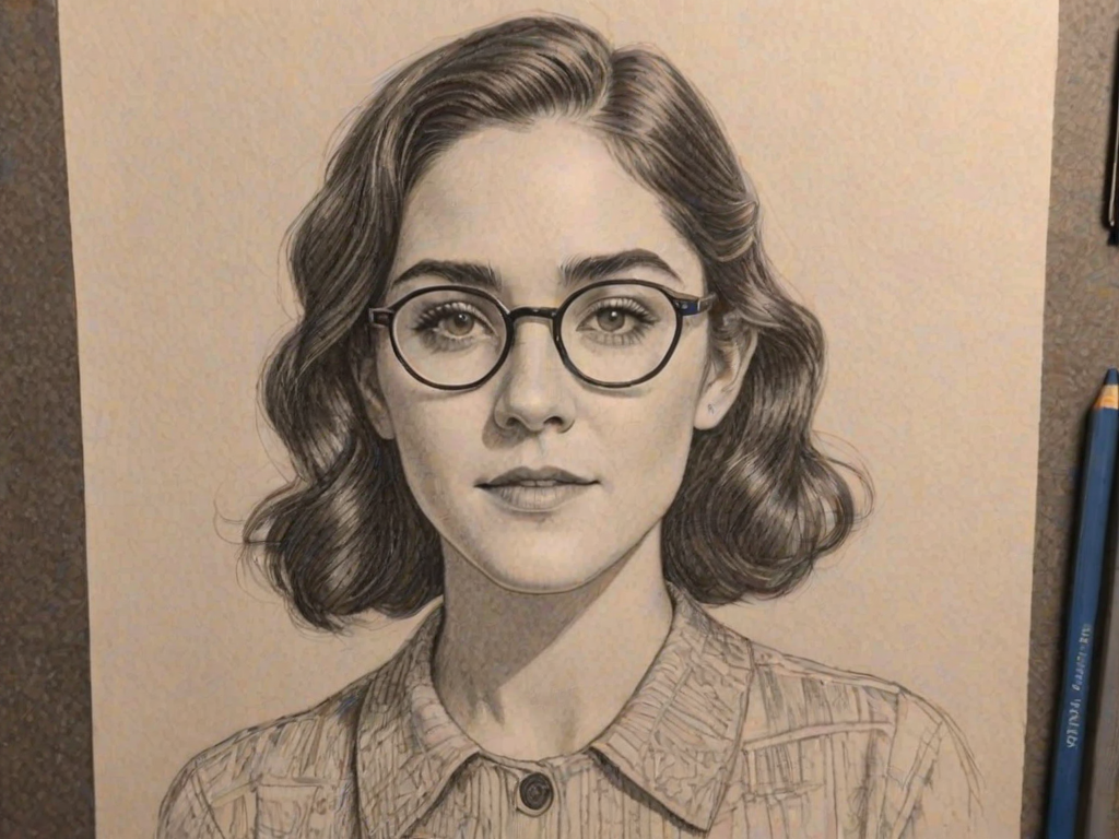 Dazzling Isabelle Fuhrman, pencil sketch, portrait of Resplendent woman 1935s in glasses, hair style beatnik, outline, clear lines, fine lines, 8k