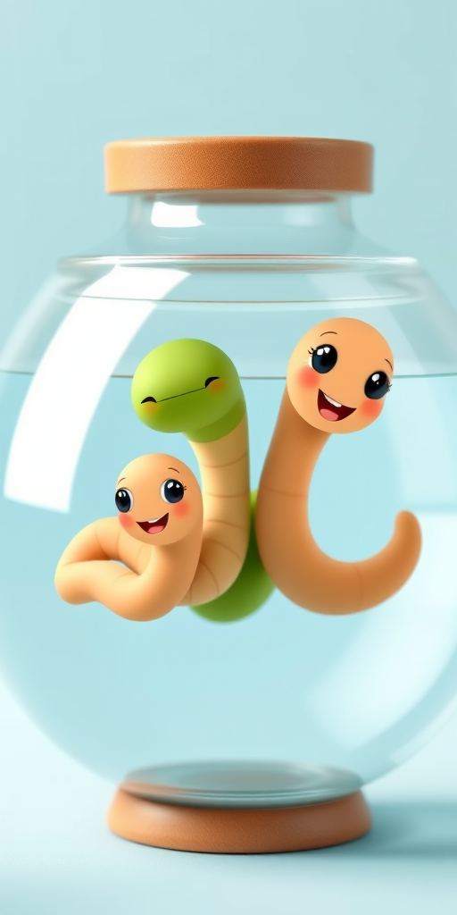 Create a vibrant and colorful digital illustration of three cute cartoon worms in a glass fishbowl with a soft blue background, ensure the worms are in shades of green, beige, and brown, with smooth, rounded features and playful expressions, use a 50mm lens, f/1.8 aperture, ISO 200, natural lighting, and a shallow depth of field to enhance focus on the worms while softly blurring the background.