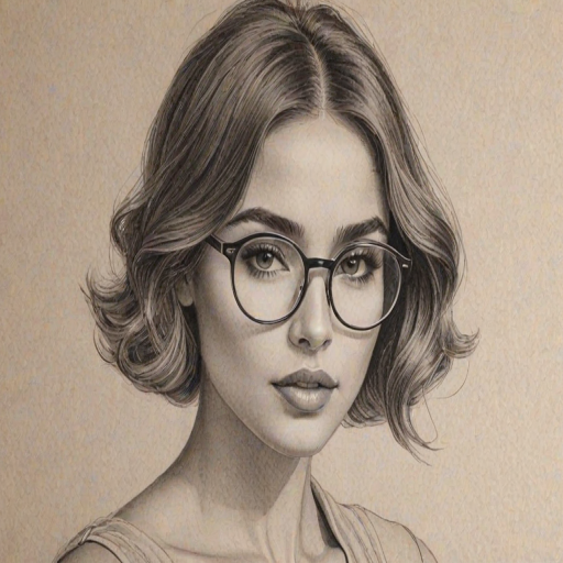 Enticing Olivia Culpo, pencil sketch, portrait of Charming woman 1926s in glasses, hair style beatnik, outline, clear lines, fine lines, 8k