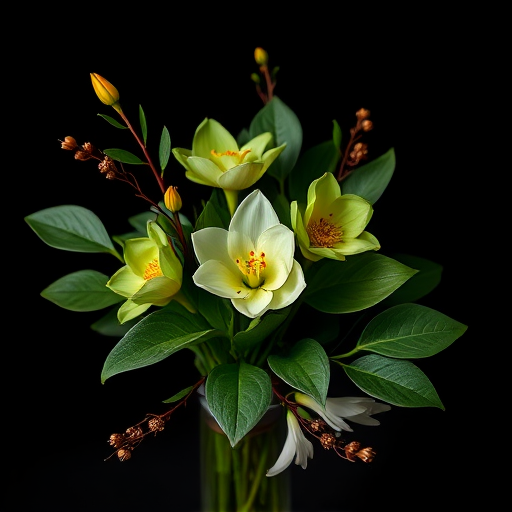 Create a high-resolution image of a floral arrangement with green leaves and gold accents on a black background, using a Canon EOS R5 camera, 50mm f/1.2 lens, aperture set to f/2.8, ISO 100, and a soft focus style to enhance depth and detail.