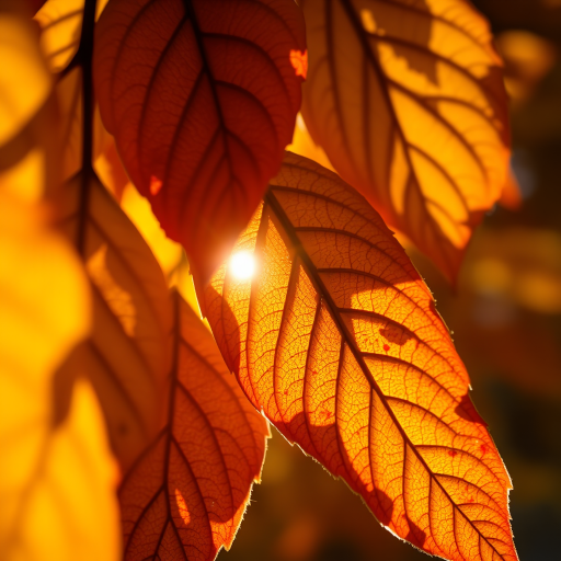 Close-up shot of autumn leaves illuminated by soft sunlight, focusing on the intricate textures and colors of the leaves, aperture f/2.8, shutter speed 1/200s, ISO 100, macro lens, shallow depth of field, DSLR camera.