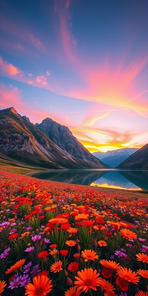 Generate a vibrant landscape of mountains and a colorful flower field at sunset, with a clear lake reflecting the sky, using a DSLR camera at f/8, ISO 100, 24mm lens, in landscape orientation for enhanced depth and detail.