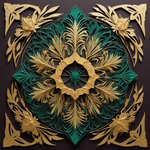 Kirigami representation of (Jaded Painting:1.3) of (Screen print:1.3),(Embarrassing:1.3) Dark Chocolate Brown,         Emerald,    Gold, Silver, Bronze, Diamond,  Amethyst,  Regular pattern,  Animal, Flower,  Fractal, Person, Object,  Branches,   Glimmering Coin: A coin made from polished gold or silver, shimmering brightly.,Frost: Thin layers of ice crystals forming on surfaces due to freezing temperatures. <lora:woodenart:1> woodenart, wooden, <lora:clothing_slider_v19:4>,(by Artist Peter Elson:1.3),(Geometric Abstract Art:1.3),(CMYK Colors:1.3), 3D, paper folding, paper cutting, Japanese, intricate, symmetrical, precision, clean lines