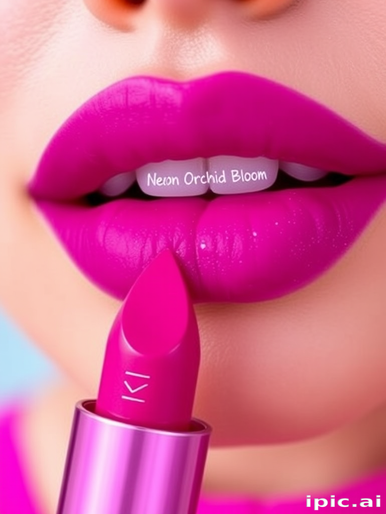Bold magenta lips with a matte finish and subtle violet shimmer, named "Neon Orchid Bloom"