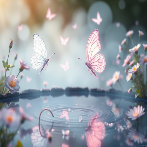 Create a serene fantasy scene featuring ethereal butterflies with glowing wings fluttering around a tranquil pond. The background should include softly lit flowers and delicate plants, all surrounded by a misty ambiance. The color palette should be soft pastels, emphasizing shades of pink, lavender, and light blue, with shimmering reflections on the water's surface.