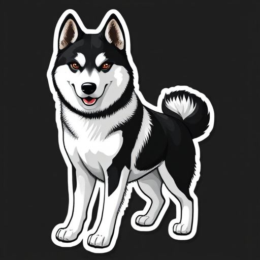 generate sticker, 3D black and white yakutian laika dog breed, black background