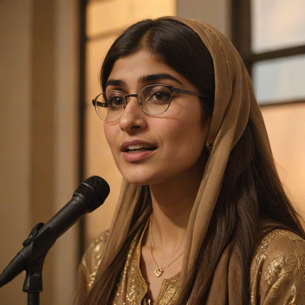 A close-up portrait of a mia khalifa with her eyes closed, singing into a microphone, positioned on the right side of the frame, facing the viewer. She is wearing a brown headscarf, gold earrings, and a brown blouse, and is bathed in warm, golden light emanating from the windows behind her. A blurred figure of a man singing into a microphone is visible in the background. The scene has a sense of calm and spirituality.