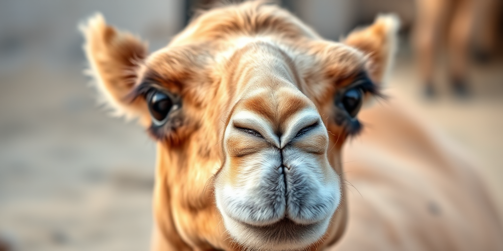a close-up shot of a cute camel with big eyes, 50mm lens, f/2.8 aperture, ISO 200, natural light, shallow depth of field, DSLR camera, capturing the texture of its fur and the background softly blurred