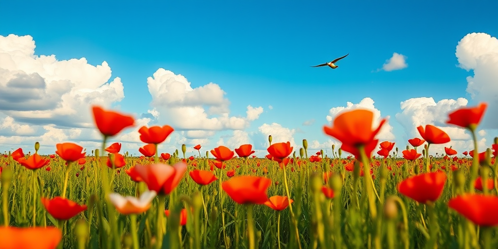 a serene field of blooming poppies under a bright blue sky with fluffy white clouds, two birds flying in the distance, soft focus for a dreamy effect, taken with a DSLR camera at f/2.8, 1/200s shutter speed, ISO 100, wide angle lens, golden hour lighting