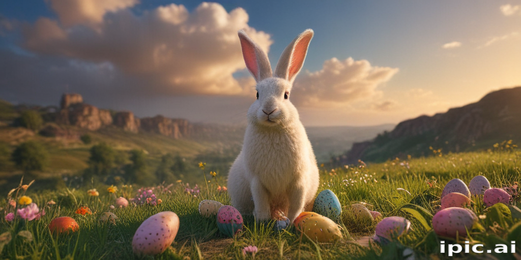 A Whimsical White Bunny Surrounded by Colorful Easter Eggs in Nature.