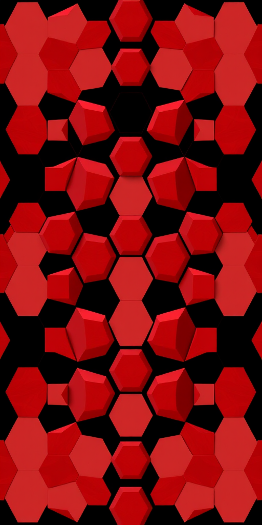 Create a seamless pattern of three-dimensional red hexagons on a black background with high resolution, shot from a top-down perspective using a DSLR camera, aperture f/8, ISO 100, 50mm lens.