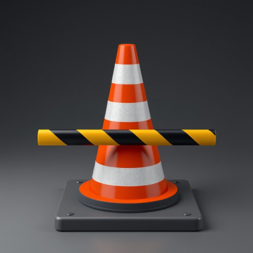 Create an illustration of a construction traffic cone with an orange and white striped pattern placed on a flat surface with two black and yellow striped barricade bars crossing underneath it, shot with a DSLR camera at f/4 aperture, 50mm lens, 1/250 shutter speed, in a studio setting with soft lighting for enhanced clarity and color contrast.