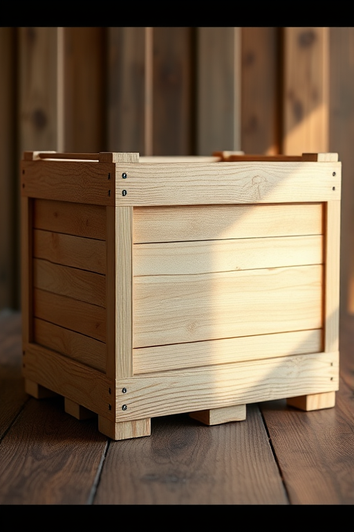 Create a realistic 3D wooden crate, high-resolution, soft natural lighting, shot with a DSLR camera at f/2.8, ISO 100, 50mm lens, from a slightly elevated angle to emphasize texture and detail.