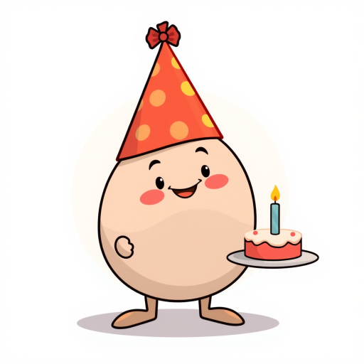 A cartoon character with a round body wearing a festive red party hat holding a cake with a candle on a plate smiling happily in a simple, colorful style.