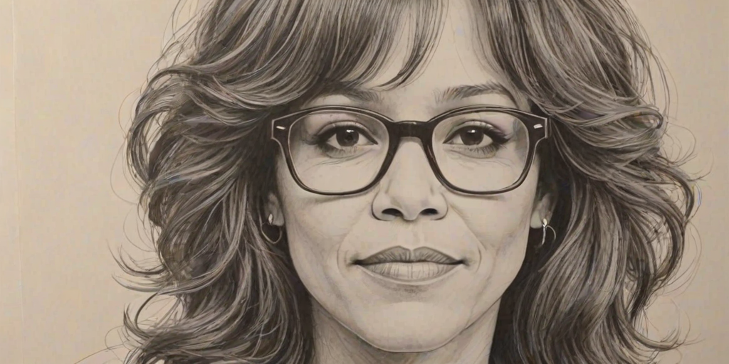 Fascinating Rosie Perez, pencil sketch, portrait of Magnificent woman 1970s in glasses, hair style beatnik, outline, clear lines, fine lines, 8k