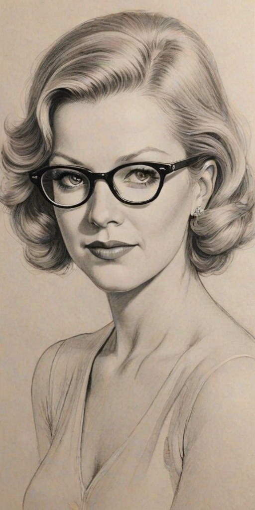 Elegant Barbara Niven, pencil sketch, portrait of Bewitching woman 1934s in glasses, hair style beatnik, outline, clear lines, fine lines, 8k