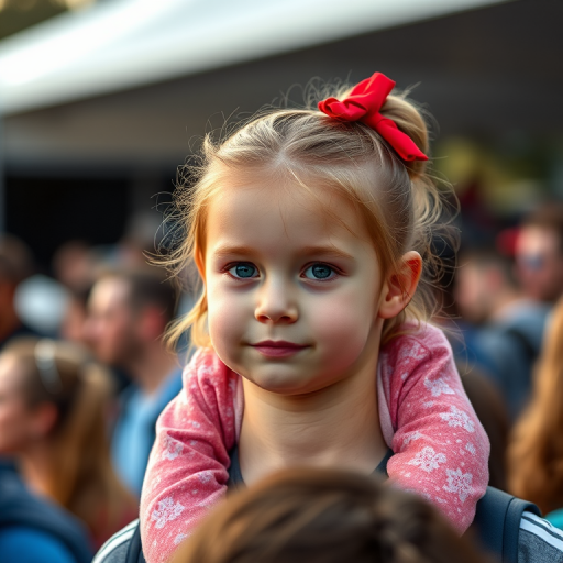 Portrait of a young girl with a red bow sitting on a man's shoulders at a crowded outdoor event, soft background blur, natural light, 50mm lens, f/2.8 aperture, ISO 100, shutter speed 1/200s, Canon DSLR.