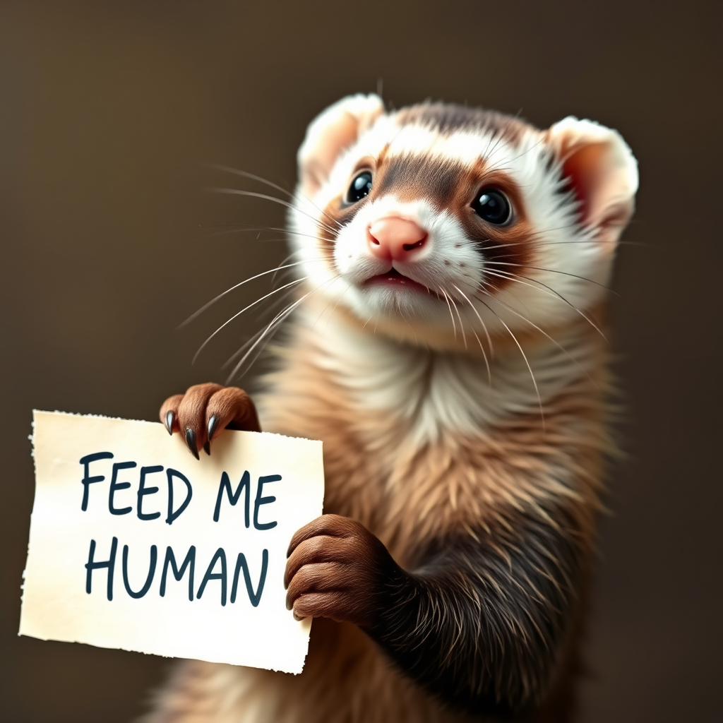 Ferret holding a note which says "FEED ME HUMAN"