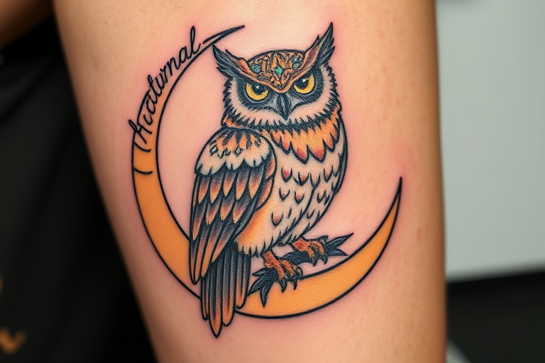 Neotraditional tattoo of a mystical owl perched on a crescent moon, combining bold lines with a soft color palette and decorative elements, titled "Nocturnal Wisdom"