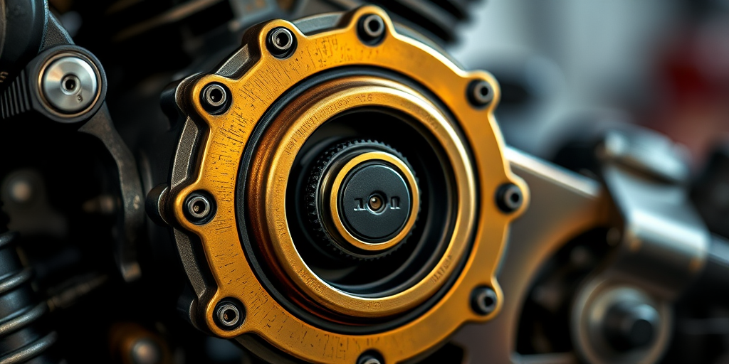 Create a high-resolution image of a vintage engine icon with a metallic gold finish, soft focus background, shot with a Canon EOS R5 at f/2.8, ISO 100, 50mm lens for sharp details and vibrant colors.