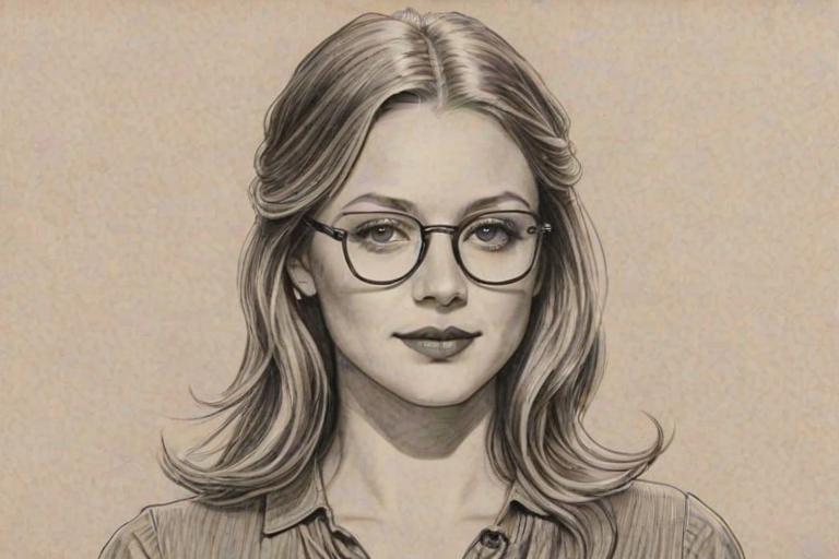 Fetching Melissa Benoist, pencil sketch, portrait of Bewitching woman 1930s in glasses, hair style beatnik, outline, clear lines, fine lines, 8k