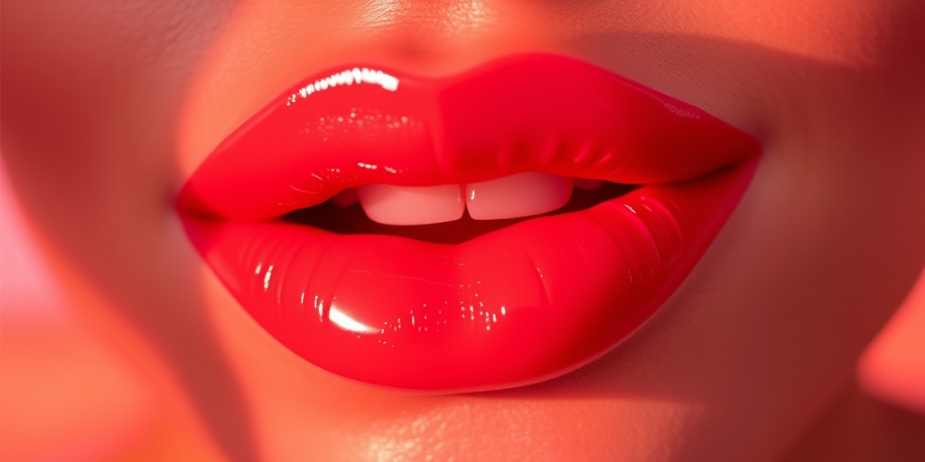 Vibrant coral sunset lips with a glossy finish, named "Tropical Twilight," featuring a subtle ombre effect and a plumping formula for a fuller appearance
