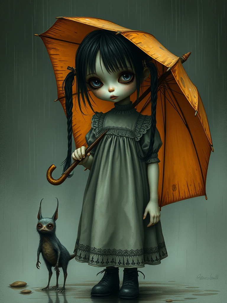 An eerie, weird little girl with dark hair in thin pigtails, wearing a smock dress, standing in the rain, holding a dirty orange umbrella, a small, odd creature beside her. In a surreal style inspired by Nicoletta Ceccoli and Brian Froud. Dark fantasy themes