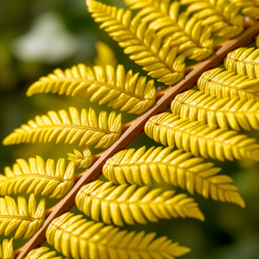 Close-up of a golden fern leaf with intricate details, natural lighting, aperture f/2.8, shutter speed 1/100s, ISO 200, macro lens, taken with a DSLR camera.