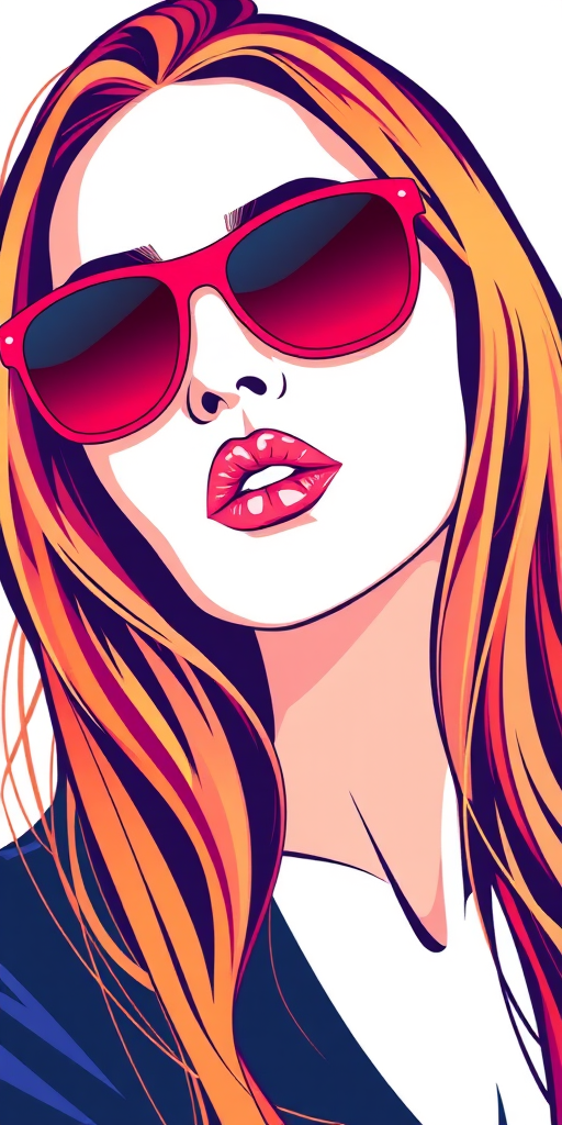 Create a high-resolution vector illustration of a woman with long hair and red sunglasses, emphasizing vibrant colors and clean lines, using a digital art style with soft gradients, set to a 300 DPI resolution.