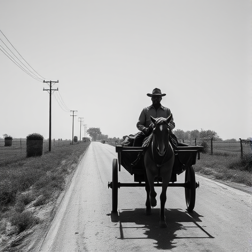 capture a black and white image of a man riding a horse-drawn cart along a rural road with clear skies, use a Canon EOS 5D Mark IV with a 50mm f/1.8 lens at ISO 100, aperture f/8, and shutter speed 1/250 sec, framing from a low angle to emphasize the cart and surrounding environment