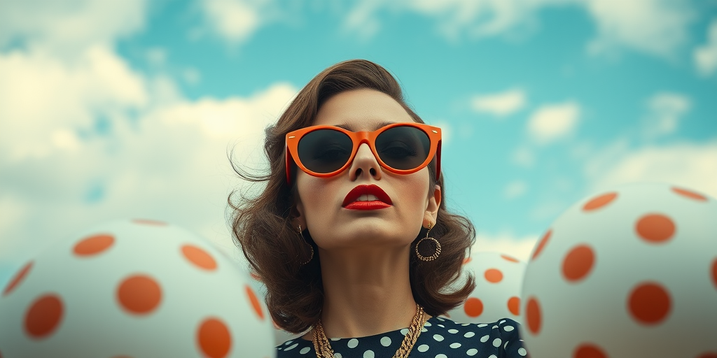 Generate an image of a woman with exaggerated makeup and vintage-style sunglasses, surrounded by large polka-dotted spheres against a cloudy sky backdrop, shot with a DSLR camera at f/2.8, ISO 100, 50mm lens, and a shallow depth of field to enhance focus on the subject.