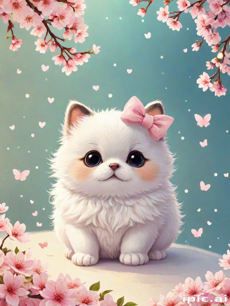 A Cute Fluffy Kitten Surrounded by Cherry Blossoms and Butterflies.