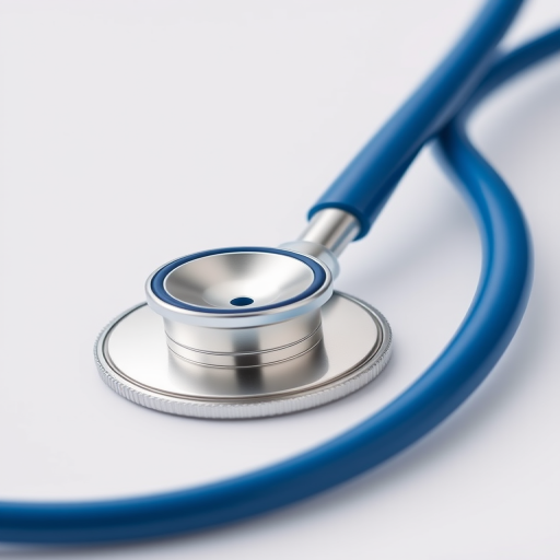 Create a high-resolution digital illustration of a stethoscope with a blue tubing and silver chest piece, focused with a shallow depth of field, shot with a DSLR camera at f/2.8, 50mm lens, natural lighting, and a clean white background.