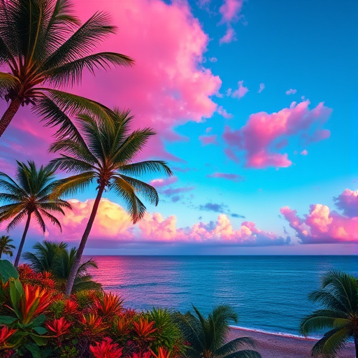 A vibrant tropical sunset landscape with pink and purple clouds over a calm ocean, lush palm trees and colorful flora in the foreground, taken with a Canon EOS R5, 24mm lens, f/2.8 aperture, ISO 100, 1/125s shutter speed, wide-angle view, high dynamic range.