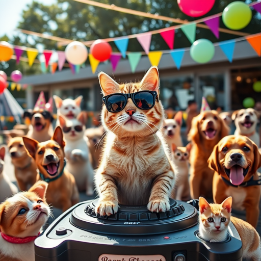 A lively outdoor party scene featuring a DJ cat wearing sunglasses, surrounded by various celebrating animals including dogs, cats, and small pets, vibrant decorations with balloons and bunting, bright sunlight illuminating the festive atmosphere, shot with a DSLR camera at f/2.8, ISO 200, shutter speed 1/500s, wide-angle lens to capture the playful environment.