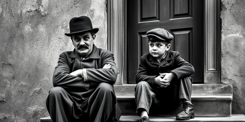 A black-and-white photograph of a man and a child sitting on steps in front of a doorway. The man is dressed as a tramp with a bowler hat, mustache, and ragged clothes, reminiscent of Charlie Chaplin's iconic look. He is sitting with his arms crossed and an expression of slight sadness or frustration. Next to him is a young boy, also in worn clothes and a cap, sitting with his hands clasped, looking thoughtful. The background is an old, textured wall and a partially open door, creating a vintage, early 20th-century atmosphere.