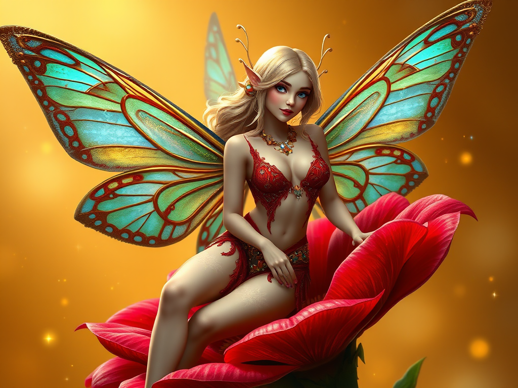 A digital artwork features a winged fairy with delicate Cerulean butterfly wings, adorned with intricate Moss and Copper patterns. She is seated on a vibrant Ruby flower, wearing a revealing red two-piece outfit with sparkling beadwork. Her fair skin, long blonde hair, and gold jewelry add to her ethereal appearance. The background is a warm, golden gradient, creating a magical atmosphere. Small glowing orbs and sparkles surround the flower, enhancing the enchanting, highly detailed, and realistic scene.